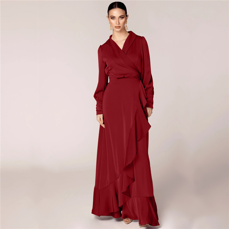 2021 Latest design Satin Islamic Dress Causal Fashion High waist Dress Islamic Abaya with Ruffles