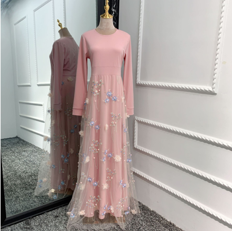 High quality 3D flower long dress full sleeve long maxi dress elegant embroidered Muslim Abaya
