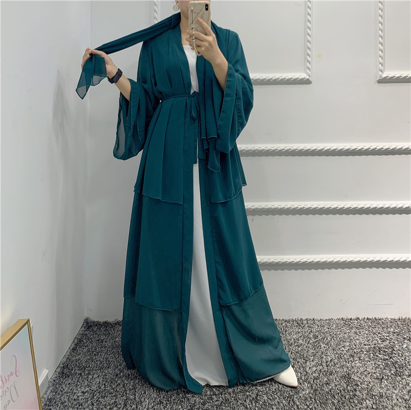 Latest Arab Turkish 3 layers Chiffon abaya Islamic Dubai Open abaya Modern Islamic front open 3 layers abaya