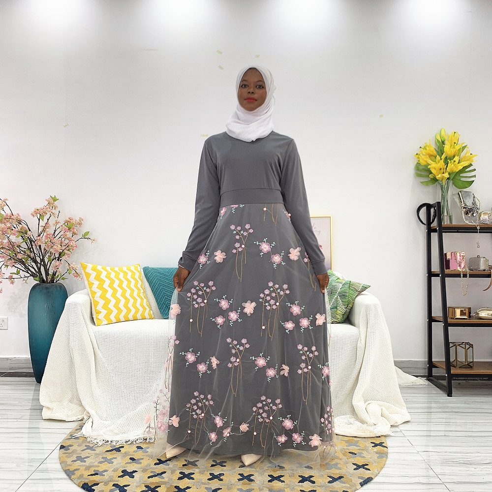 High quality 3D flower long dress full sleeve long maxi dress elegant embroidered Muslim Abaya