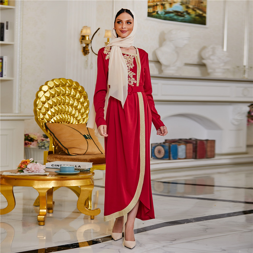 High Fashion Elegant Ladies Dress Middle East Islamic Clothing V Neck Satin Wrap Maxi Dress Abaya