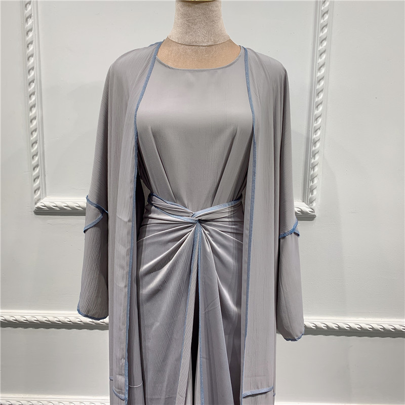 2021 Latest Design High quality Islamic woman Abaya 3pcs Solid color Islamic dress set kimono open Cardigan Islamic Clothing