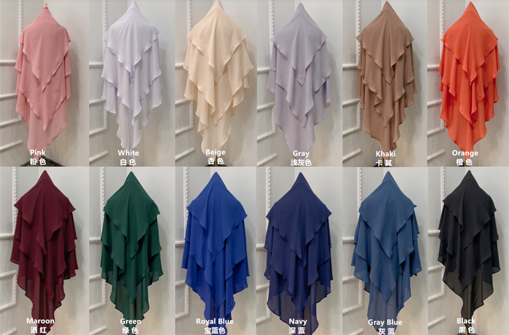 Abaya Women Muslim Dress HJ903 3 Layers Long Khimar Polyester 12 Colors Wholesale in Stock