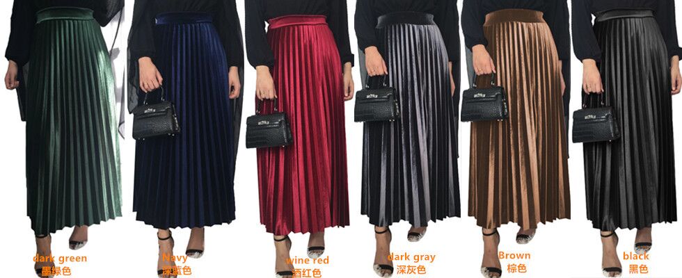 Muslim velvet long islamic skirt Ramadan party high waist pleated maxi skirt