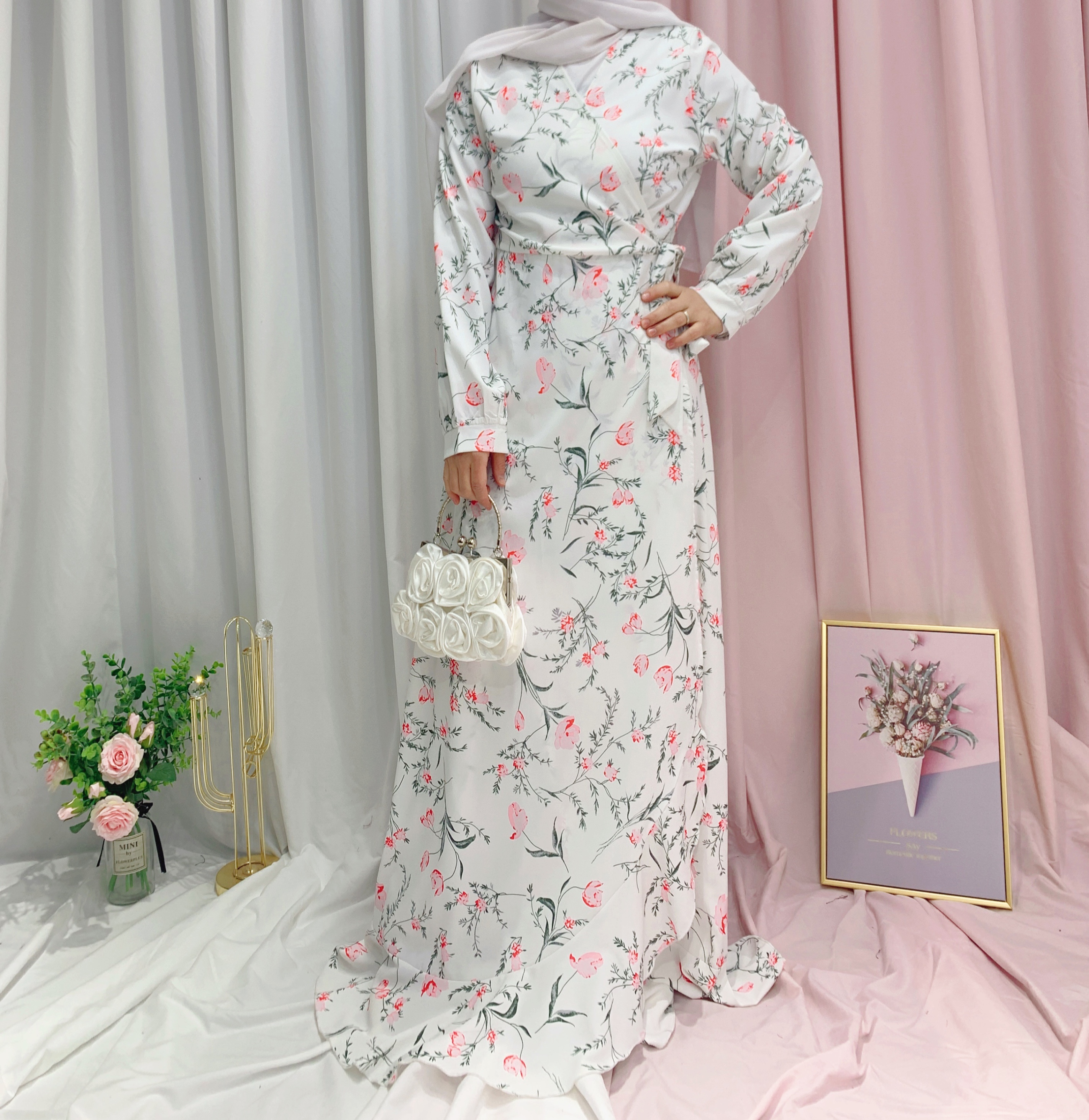Loriya Fashion Latest New Style Islamic Clothing Flared Elegant Floral Printed Muslim Modest Dresses