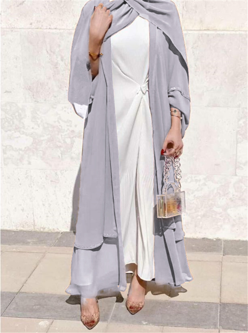 Islamic Fashion Muslim Middle East Abaya Solid Color Arabic Layered Front Open Cardigan contract color open abaya