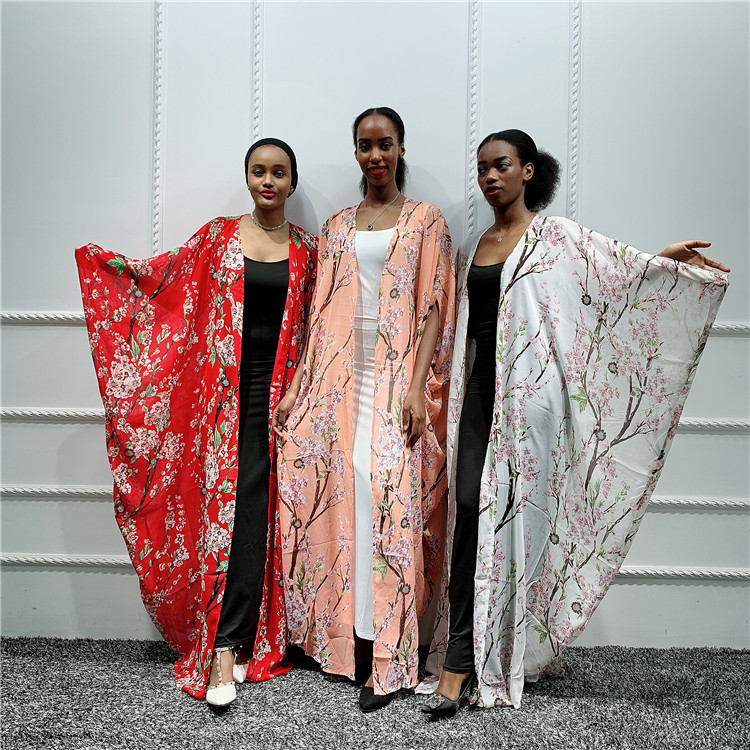 Wholesale chiffon abaya dubai kaftan islamic long batwing floral cardigan muslim dress