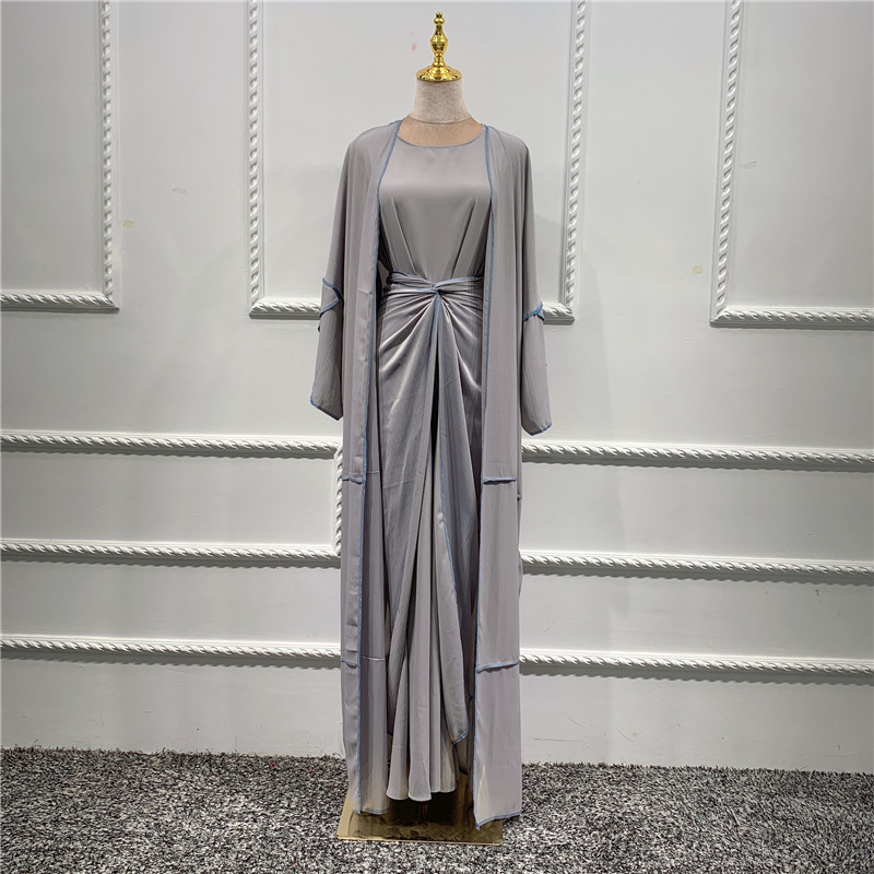 2021 Latest Design High quality Islamic woman Abaya 3pcs Solid color Islamic dress set kimono open Cardigan Islamic Clothing