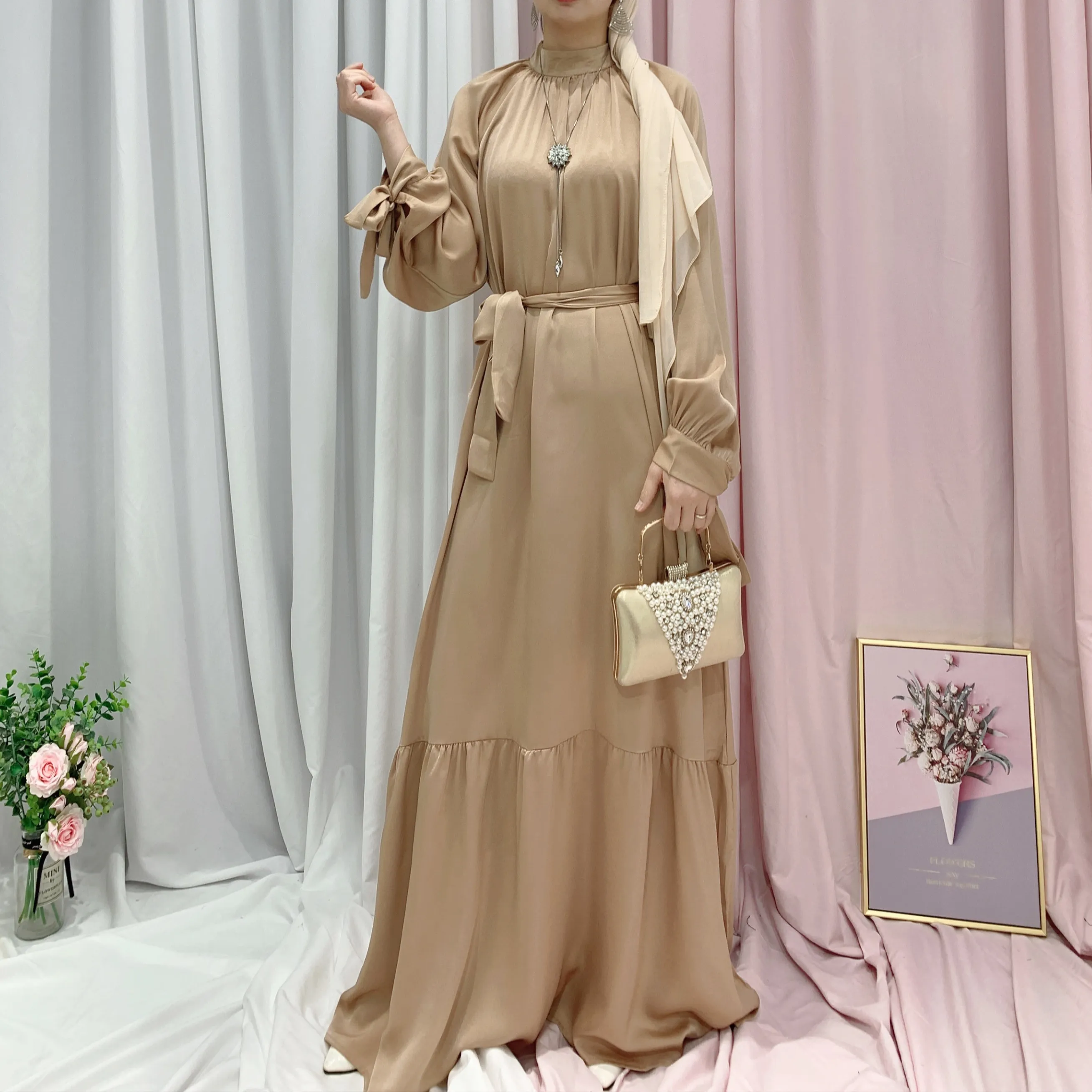Loriya - indonesian muslim clothing satin muslim women dress ruffles hem  islamic clothing solid color muslim dress for women muslim maxi dress