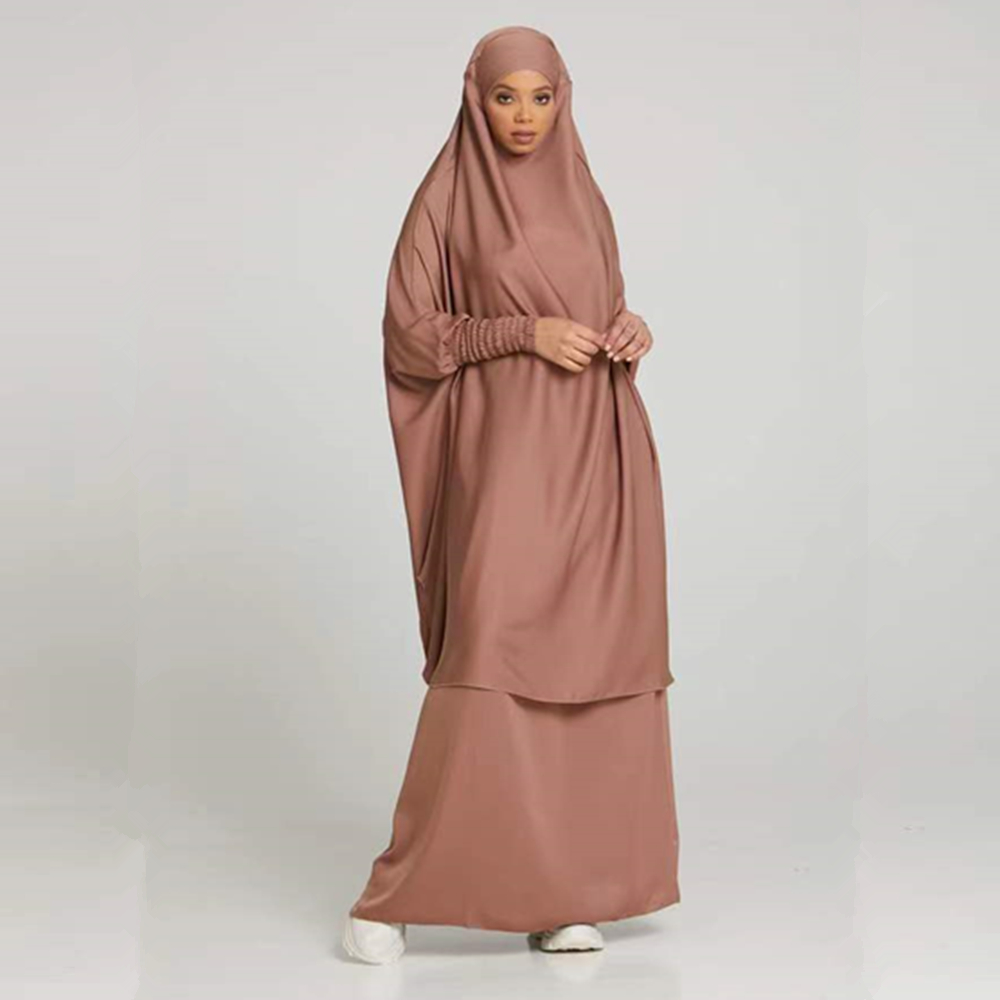 Islamic Dress Manufacture Long Thobe with Long Crinkle Elastic Sleeves 2pcs Top Skirts Prayer Abaya Sets