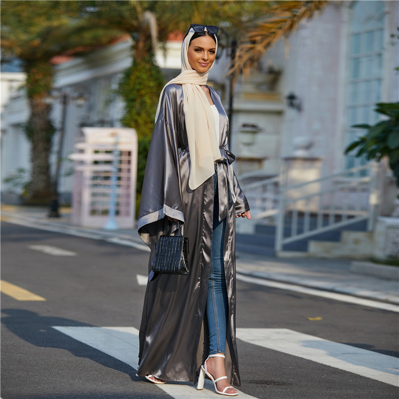Satin Arab Turkish Fancy Plus size Satin Abaya Causal open Muslim Abaya Islamic contrast color open abaya for Women 2021