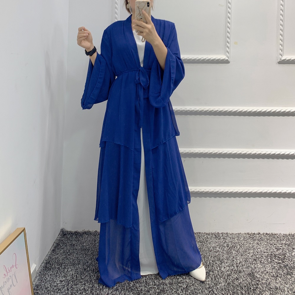 2021 Fashion Islamic Clothing Three Layers Chiffon Open Abaya Islamic Dress with Belt Wholesale in Stock