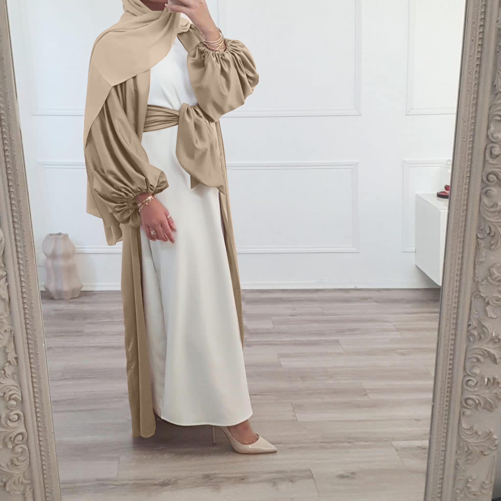 High End Dubai Fashion Islamic Clothing Plain Good Satin Islamic Dress Puff Sleeves Long Thobe Abaya For Women