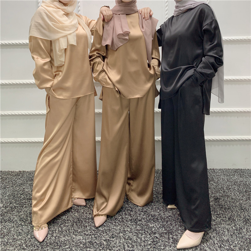 Islamic Turkish satin Jumpsuit New Women Abaya Muslim Long Sleeve Jumpsuit Wide Leg Pant Overalls Rompers