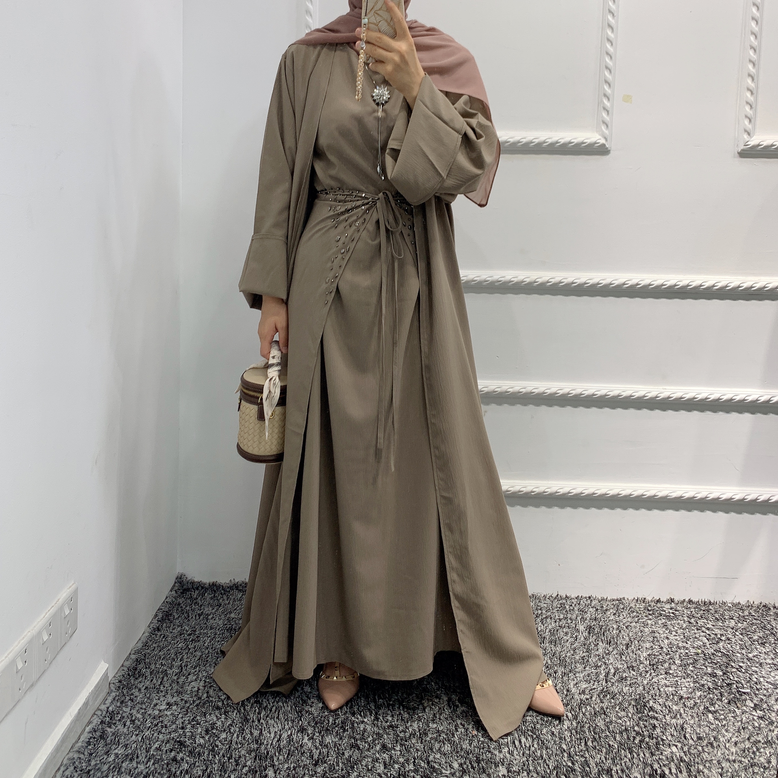 Wholesale chiffon abaya dubai kaftan islamic long batwing floral cardigan muslim dress