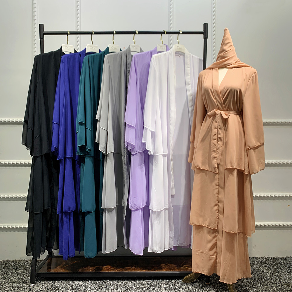2021 Fashion Islamic Clothing Three Layers Chiffon Open Abaya Islamic Dress with Belt Wholesale in Stock