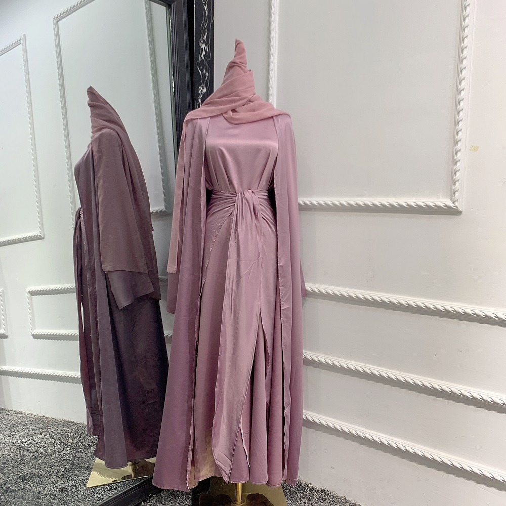 2021 Sept New arrival Women Fashion Satin dress 3pcs set Muslim Open Abaya Cardigan Islamic Clothing