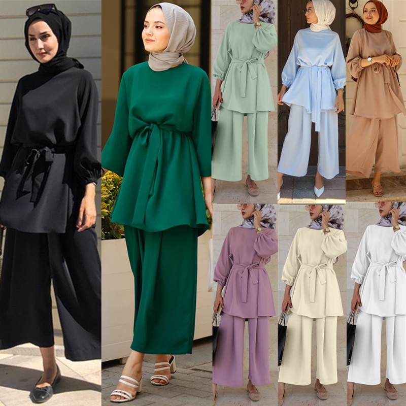 Two piece set top and pleated skirts women turkey Muslim Abaya dress sets Islamic clothing