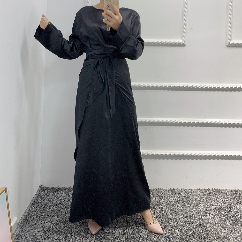 2021 Sept New arrival Women Fashion Satin dress 3pcs set Muslim Open Abaya Cardigan Islamic Clothing