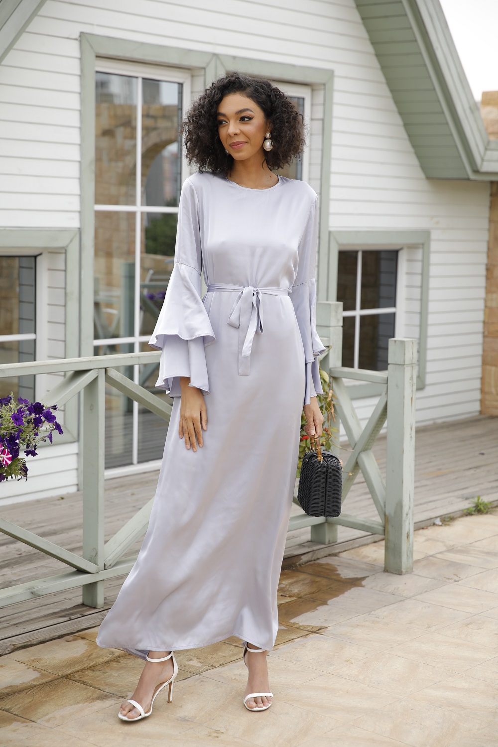 Hot sale Women Fashion Satin Robe 2 layers ruffle sleeves Muslim dress Abaya Islamic Clothing
