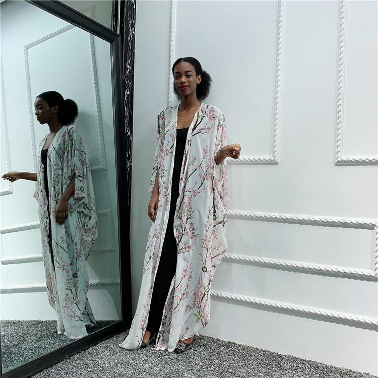 Wholesale chiffon abaya dubai kaftan islamic long batwing floral cardigan muslim dress