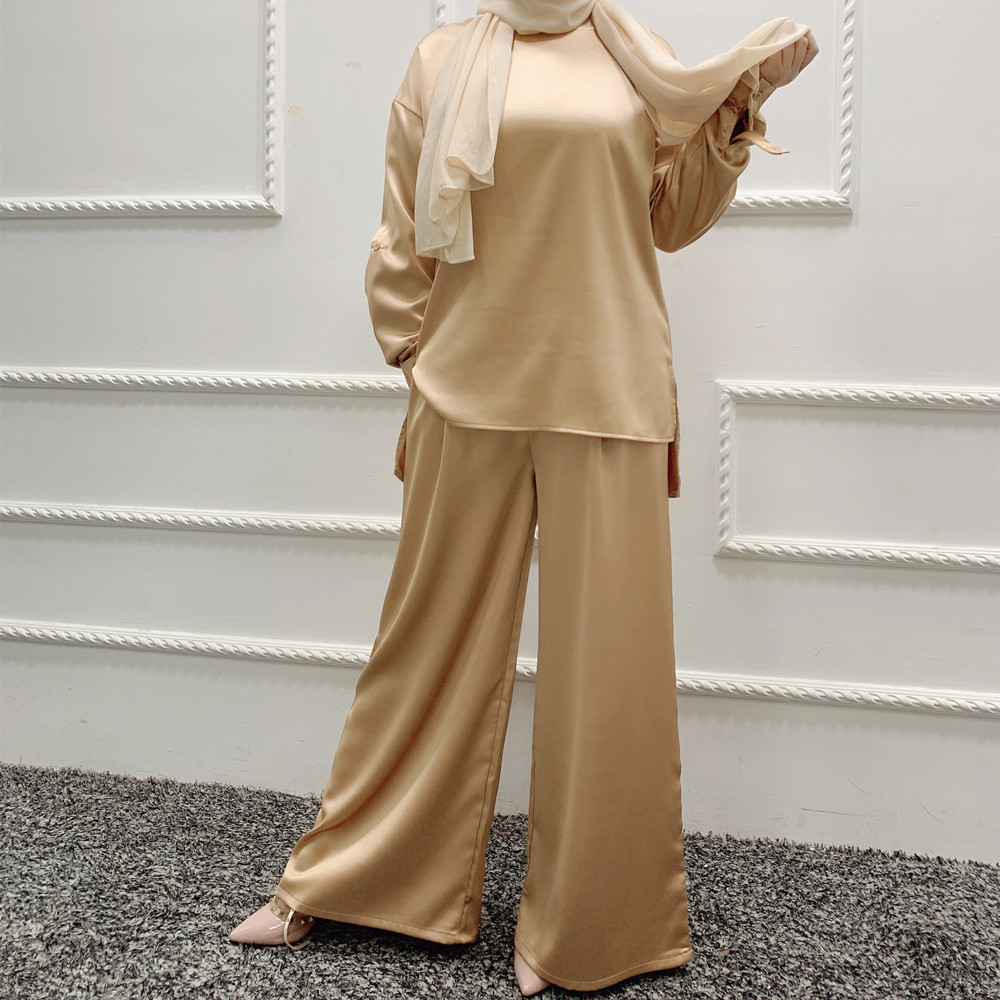 Modest Fashion Islamic Clothing Abaya Sets Women Casual Blouse and Pants Suit with Tie