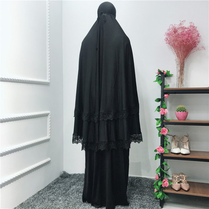Elegant Ramadan Islamic Clothing 2 Pieces Sets Prayer Abaya with Lace for Muslim Women