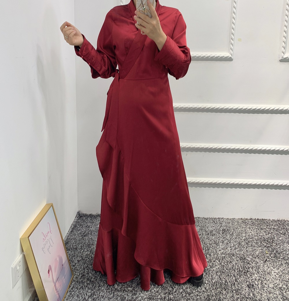 High Fashion Elegant Ladies Dress Middle East Islamic Clothing V Neck Satin Wrap Maxi Dress Abaya