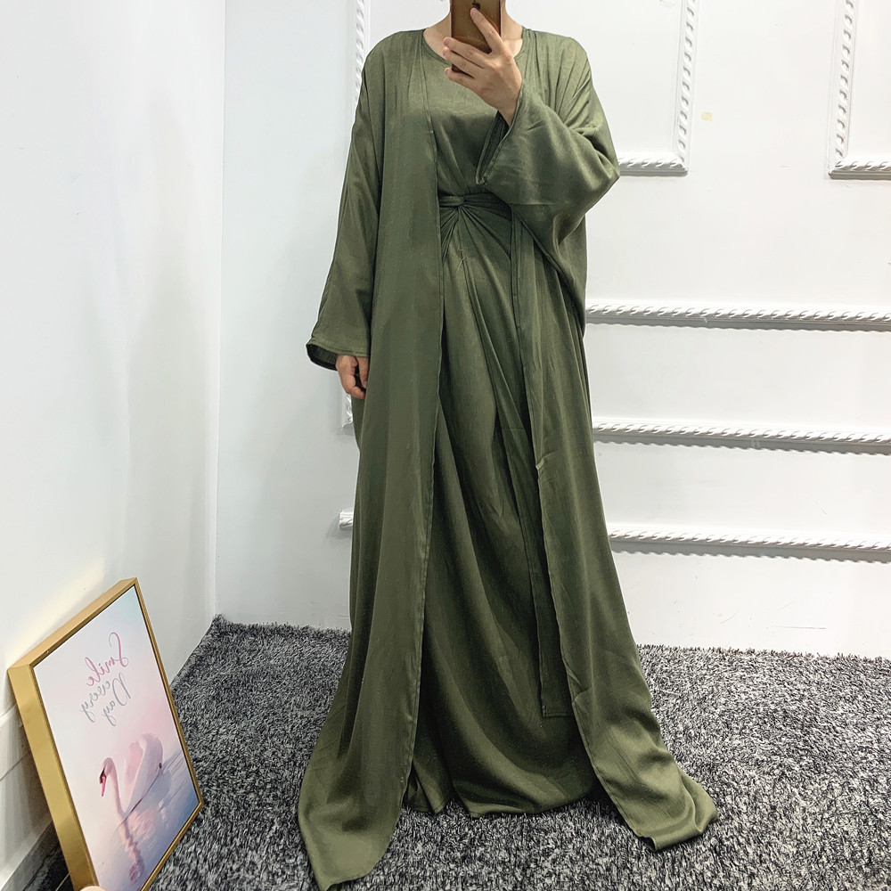 Elegant Islamic Clothing Satin Material Solid Colors Long Maxi Abaya Dress for Muslim Women