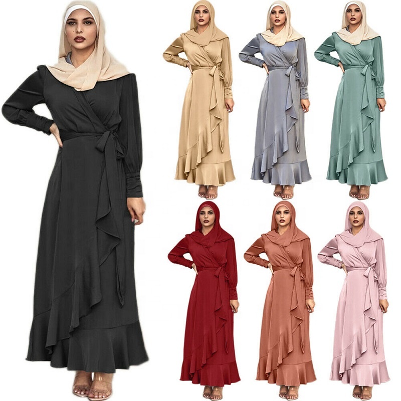 High Quality Islamic Clothing Fashionable Muslim Women Maxi Satin Open Abaya Ruffle Islamic Dress