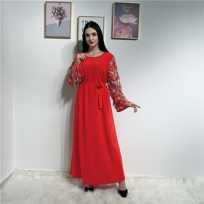 Fashion muslim women long abaya Islamic dress sequin tassels sleeve islamic modern abaya wholesale