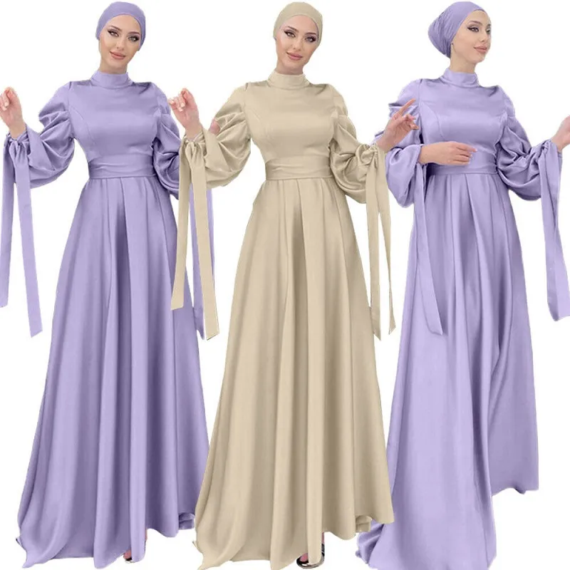 Loriya - Muslim Casual Solid Color Satin Dress Ramadan Abaya Kaftan Long  Sleeve Elegant Islamic Clothing 2022 New Fashion