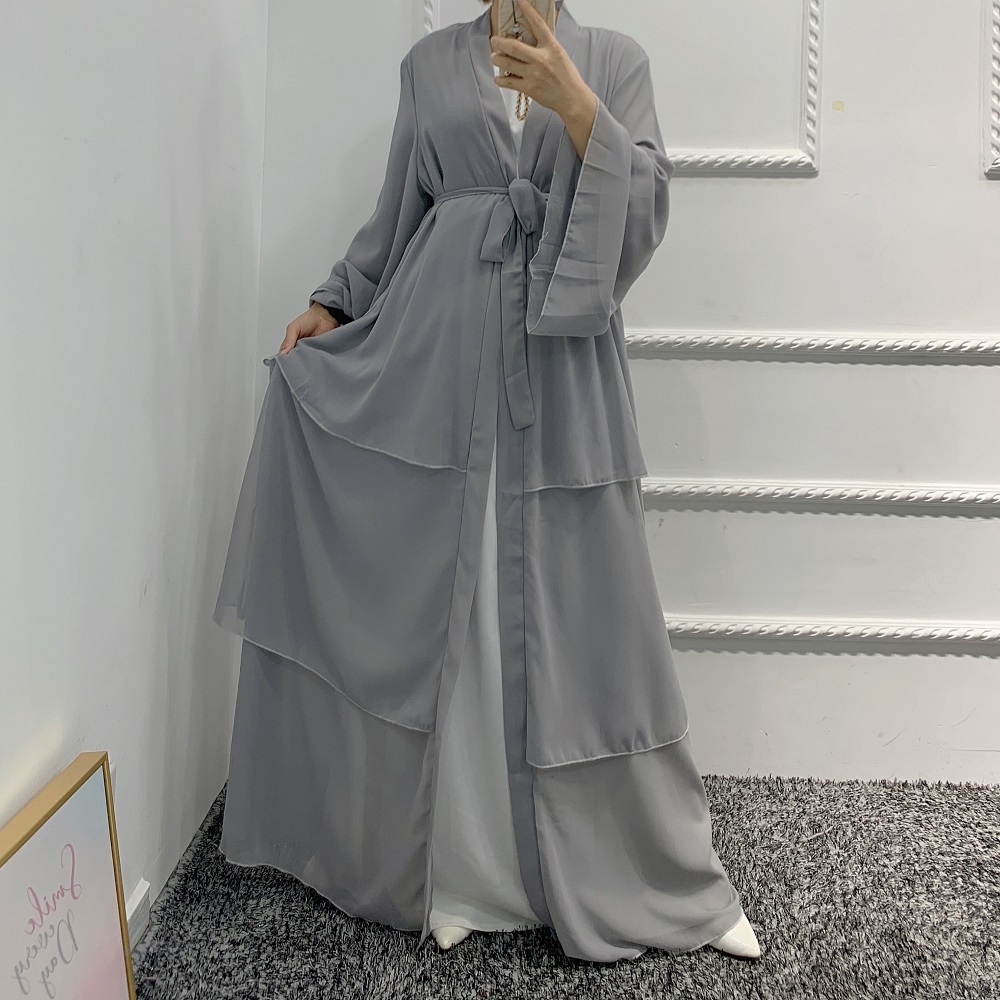Wholesale 7 Solid Colors Turkey Dubai Muslim Dresses 3 Layers Simple Chiffon Open Abaya Islamic Clothing