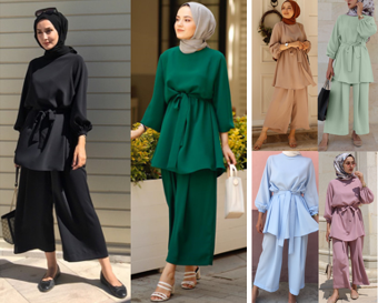 New Arrival Stylish Muslim Islamic Clothing Two Pieces Suit Top and Pants Satin Sets