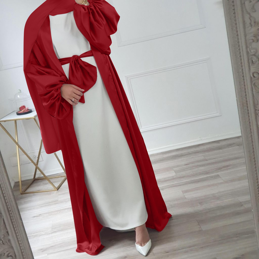High End Dubai Fashion Islamic Clothing Plain Good Satin Islamic Dress Puff Sleeves Long Thobe Abaya For Women