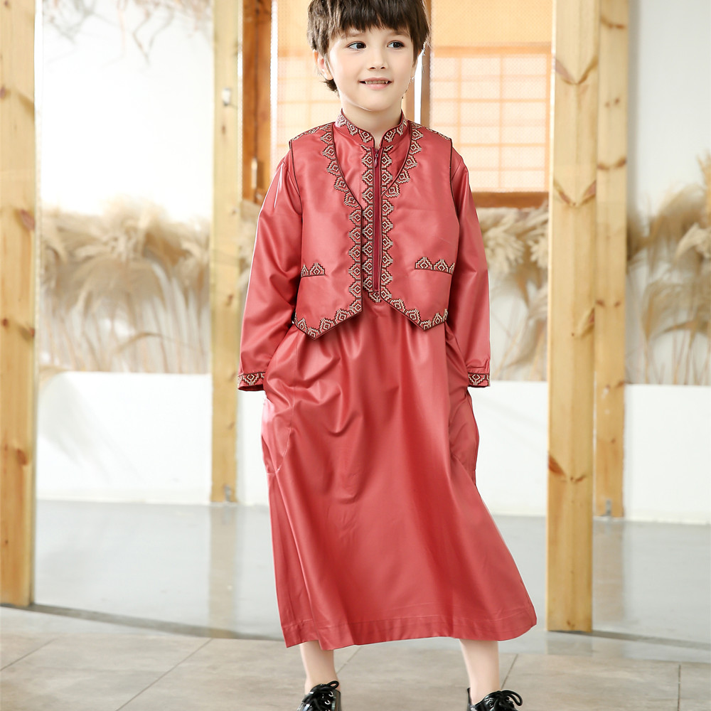 Modern Traditional Muslim Clothing Children Thobe Thawb with Vest for Boys
