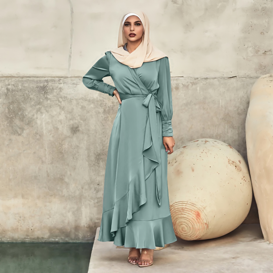 Fashion Casual Islamic Clothing Thick Satin Front Cross Belt Wrap Party Dress Muslim Islamic Dress