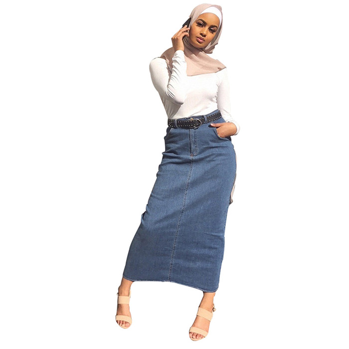 Loriya - 2019 Latest Women Islamic Long Elastic Denim Skirt Fashion Jean  Skirt Maxi Skirt