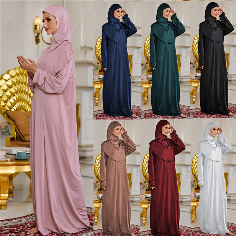 EID hooded Muslim women solid color hijab dress Prayer Abaya long khimar Islamic clothes