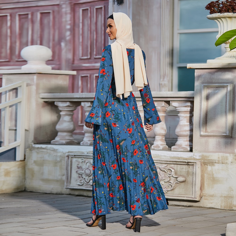 Hot sale Dubai Turkey Abaya Muslim women printing floral pleated maxi dress Islamic clothing
