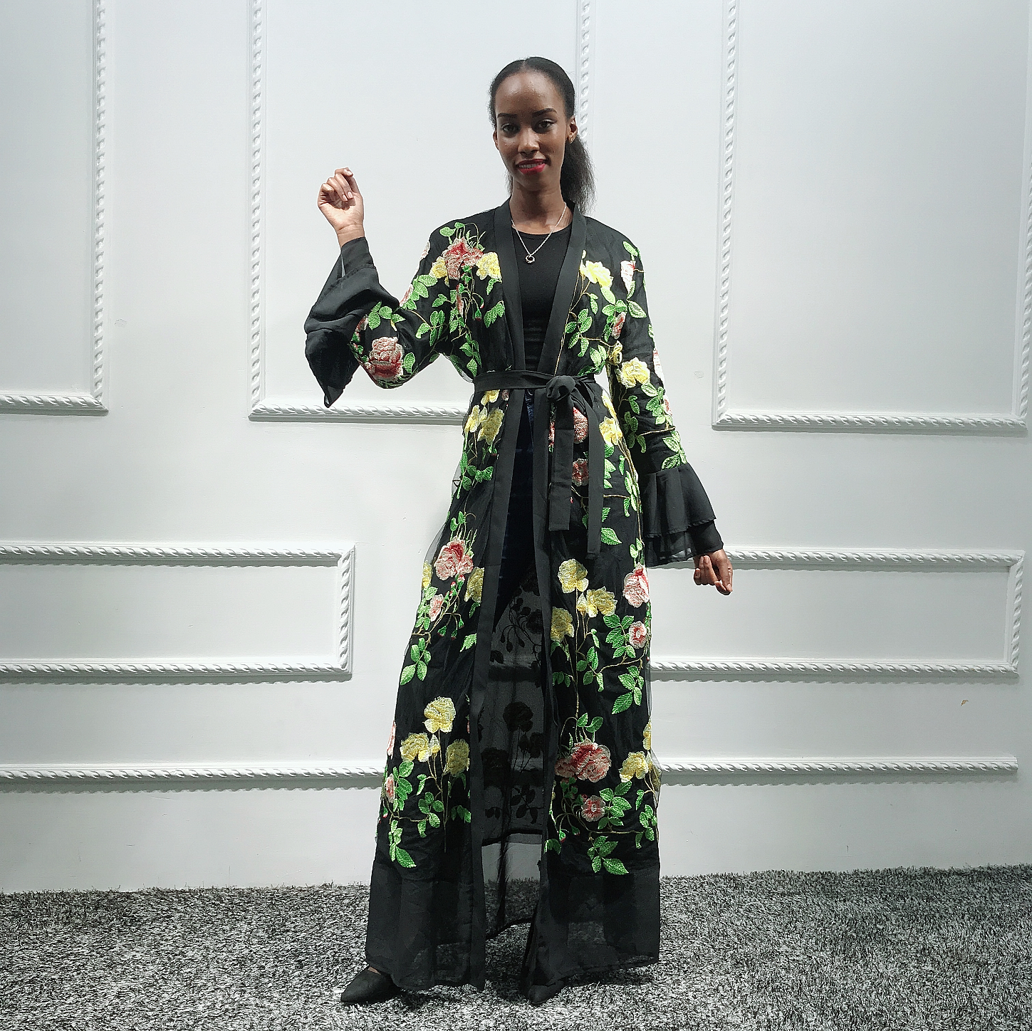 Promotion!!! Muslim embroidery casual abaya Dubai turkey fashion open abaya with ruffles Woman elegant fashion cardigan