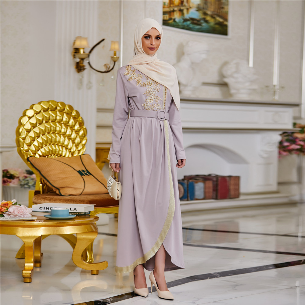 2021 latest design  New Fashion Embroidery flora Maxi Dress Muslim Kimono Pearls Dress  Islamic dress for woman