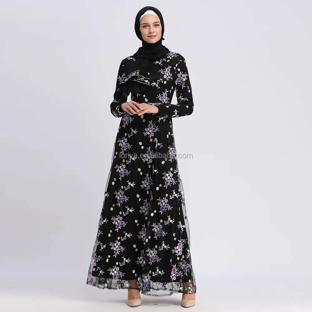 Loriya - New Trendy Modest Middle East Long Sleeve Purple Flower Embroidery  Mesh Melayu Malaysia Modern Baju