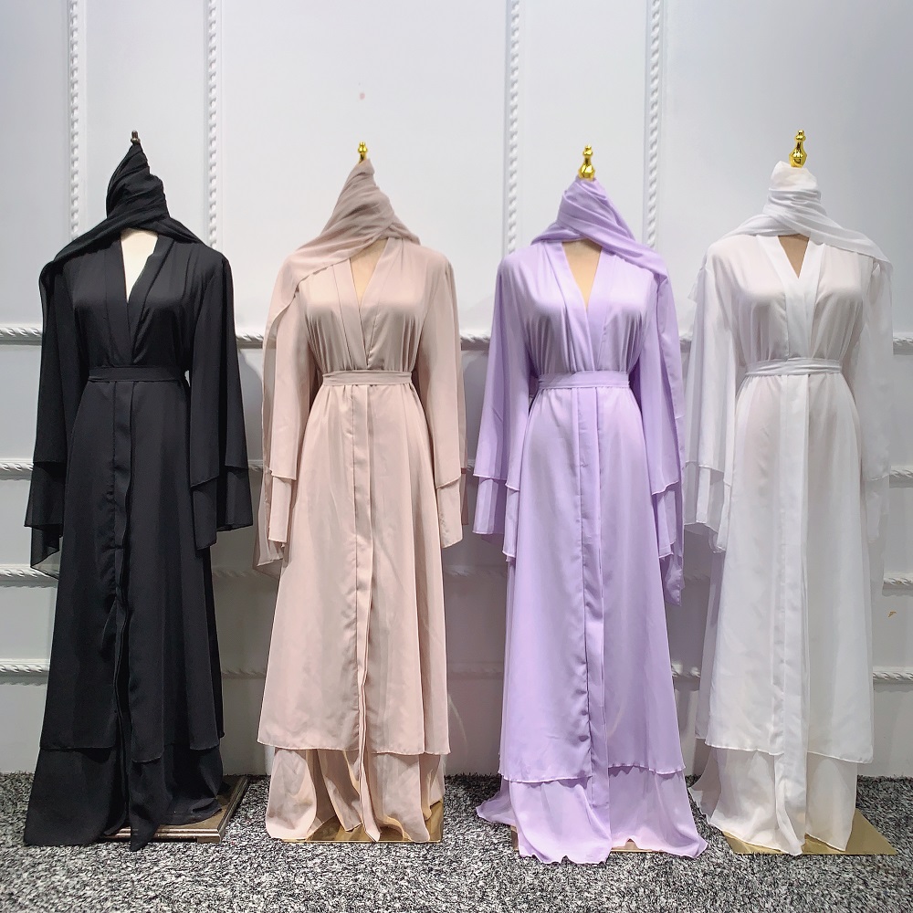 2021 Solid open Abaya kimono Dubai Turkey Kaftan Muslim Cardigan women chiffon Abaya hijab dress
