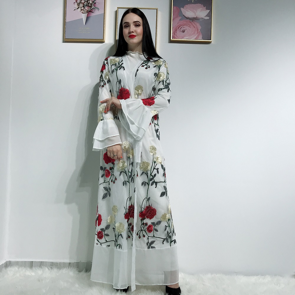 Wholesale muslim full embroidery floral abaya flare sleeves kimono cardigan islamic clothing