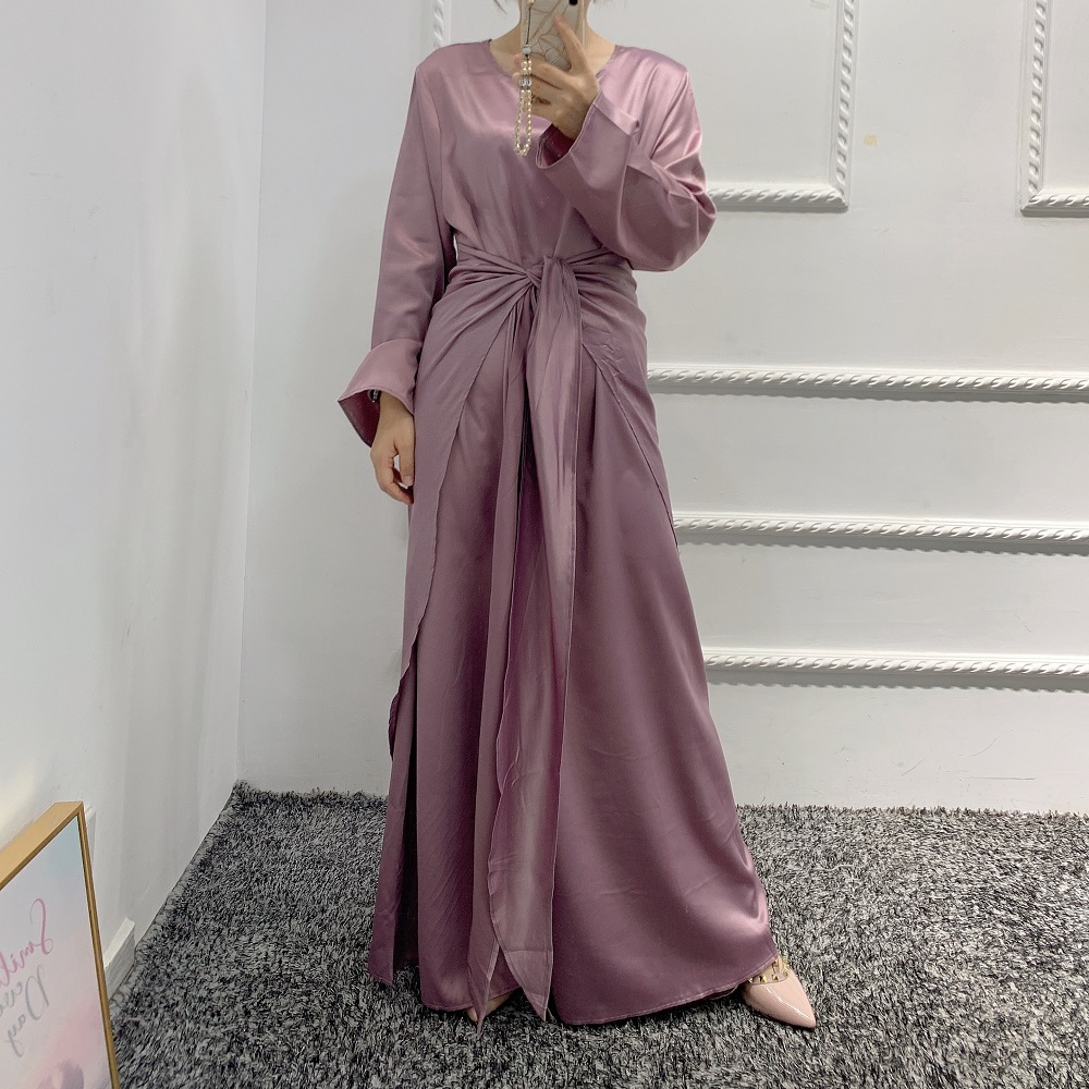 2021 Sept New arrival Women Fashion Satin dress 3pcs set Muslim Open Abaya Cardigan Islamic Clothing