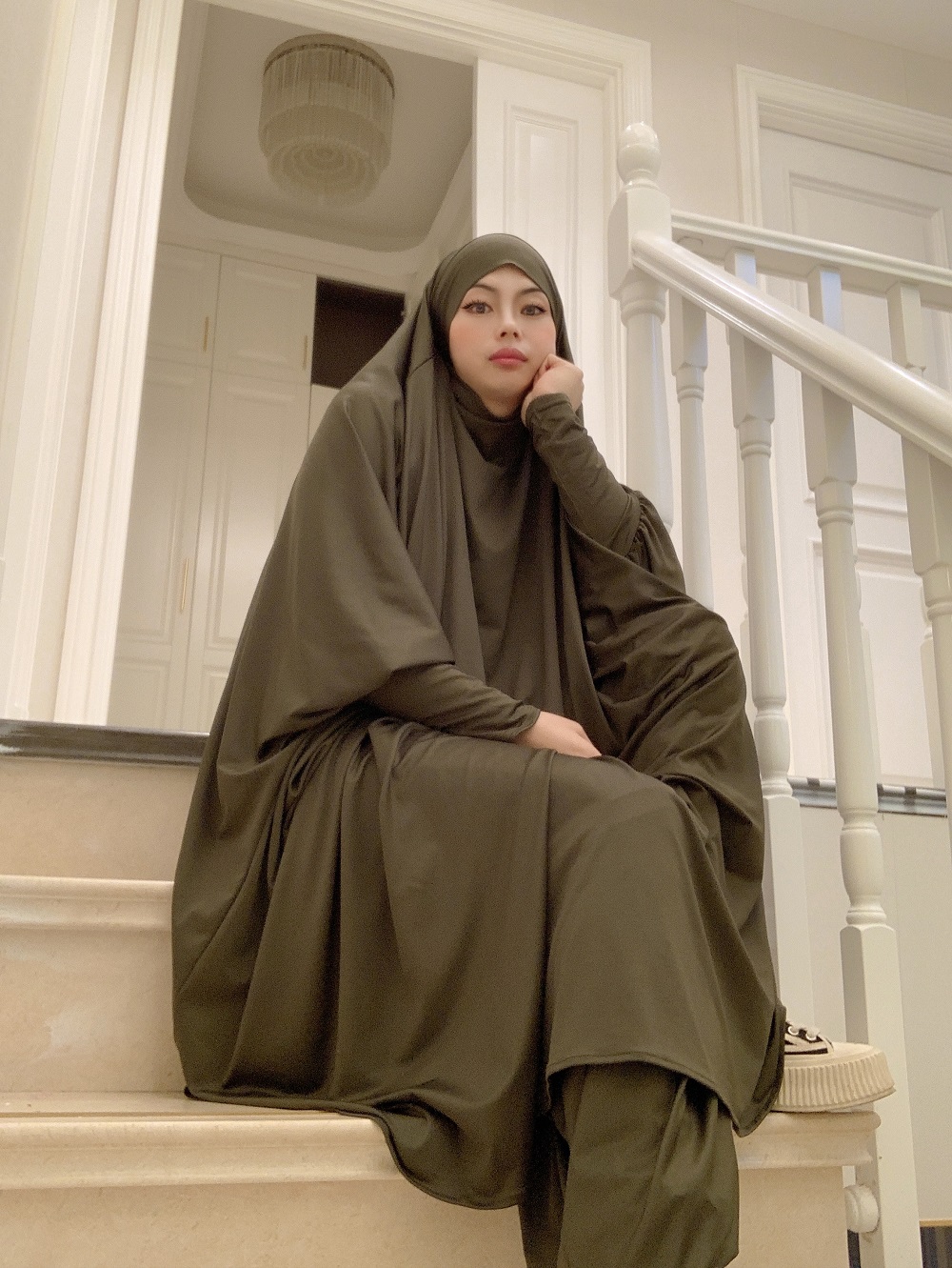 Hooded Muslim Women Hijab dress Prayer Jilbab Abaya Long Khimar Full Cover 2pcs set Islamic Clothes