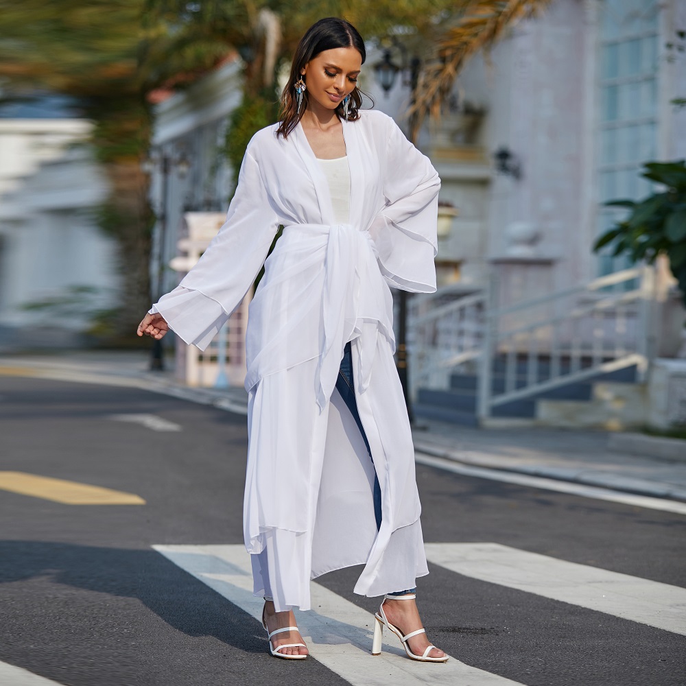 2021 Solid open Abaya kimono Dubai Turkey Kaftan Muslim Cardigan women chiffon Abaya hijab dress