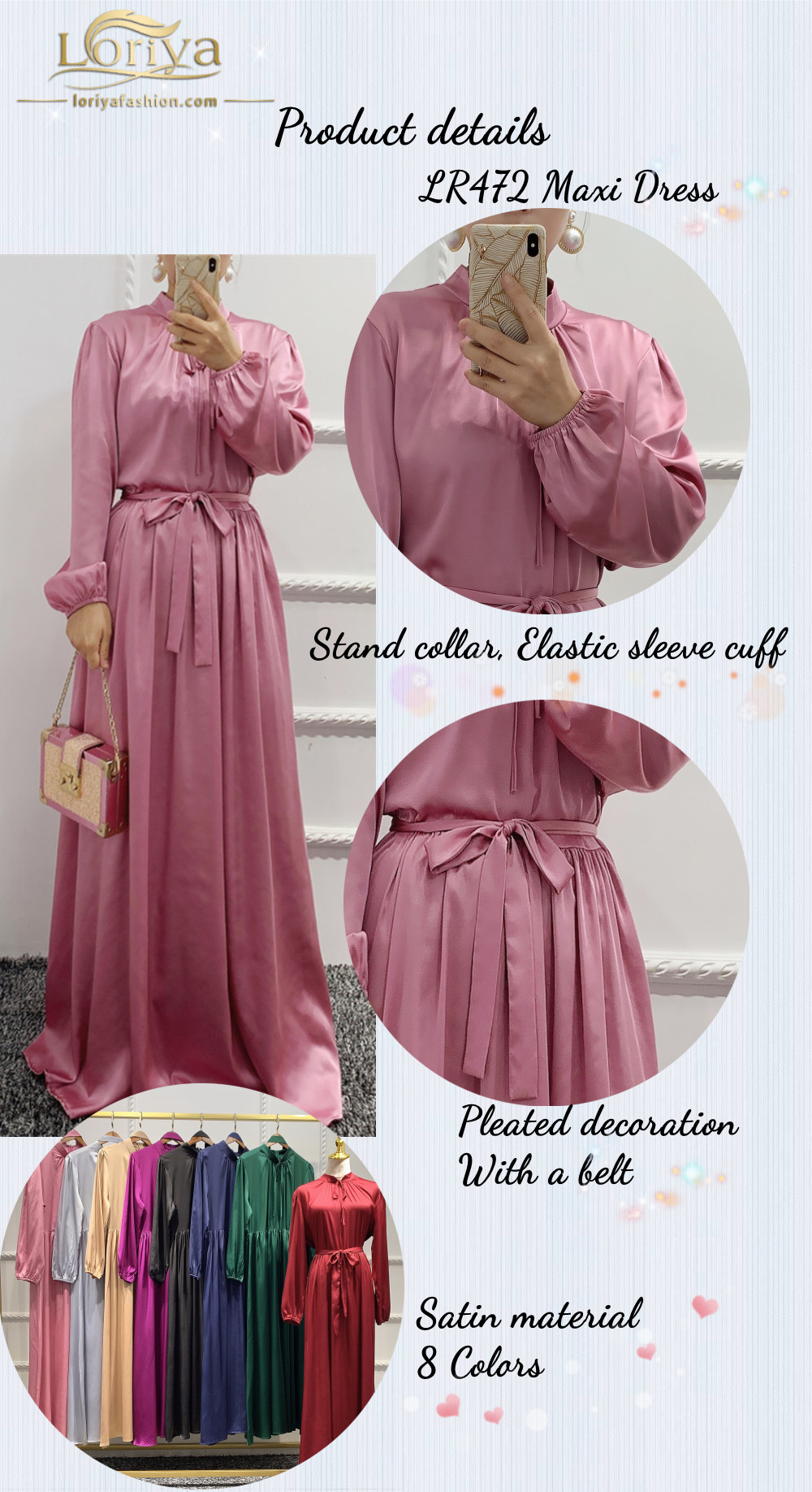 Elegant Islamic Clothing Satin Material Solid Colors Long Maxi Abaya Dress for Muslim Women
