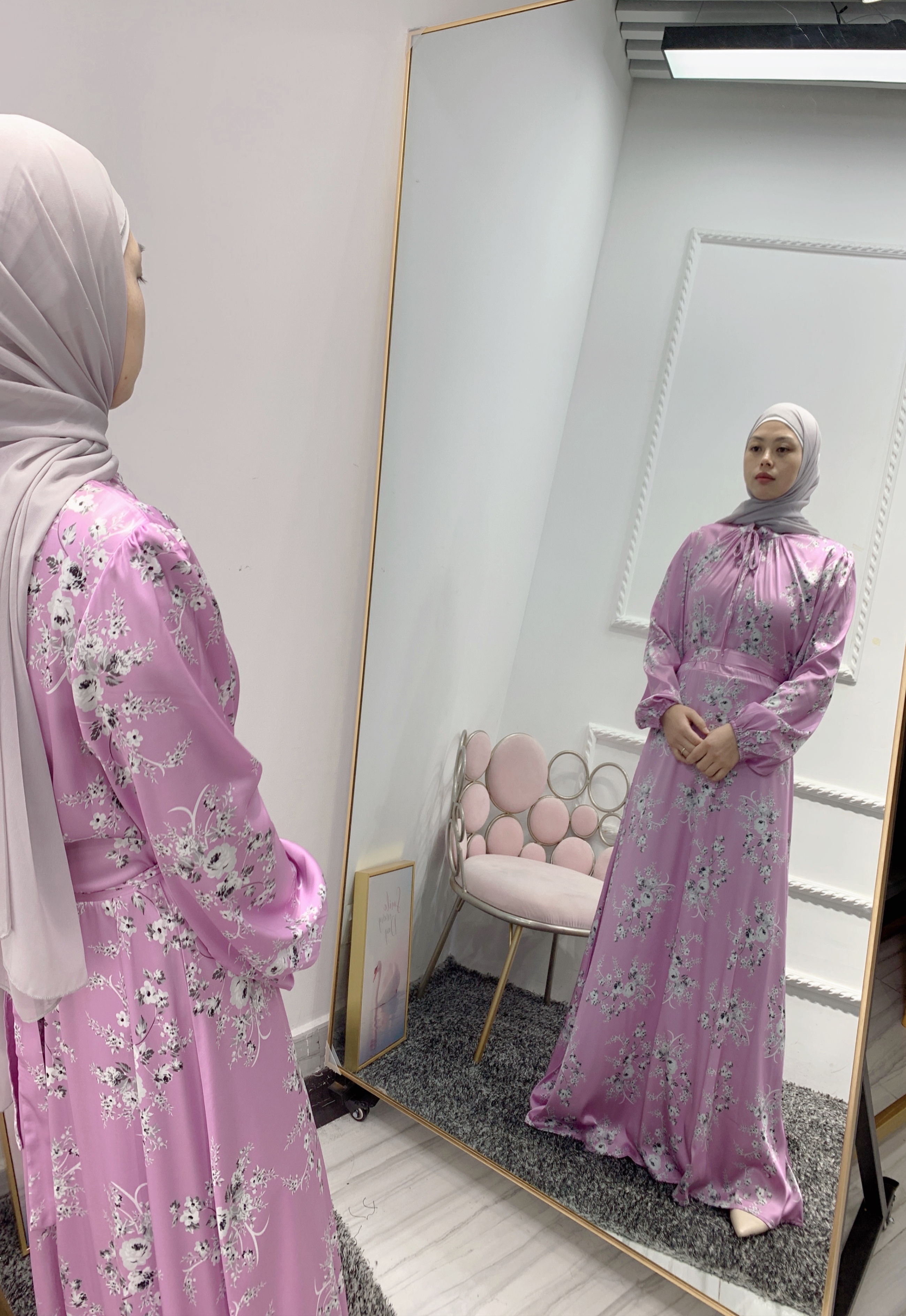 2021 Dec New High Quality Islamic Clothing Floral print Satin Abaya Muslim Women Elegant Dress In stock